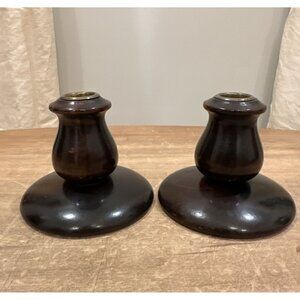 Vintage Pair of Turned Candlestick Holders Brass Lined Dark Stained Wood 3.5” H